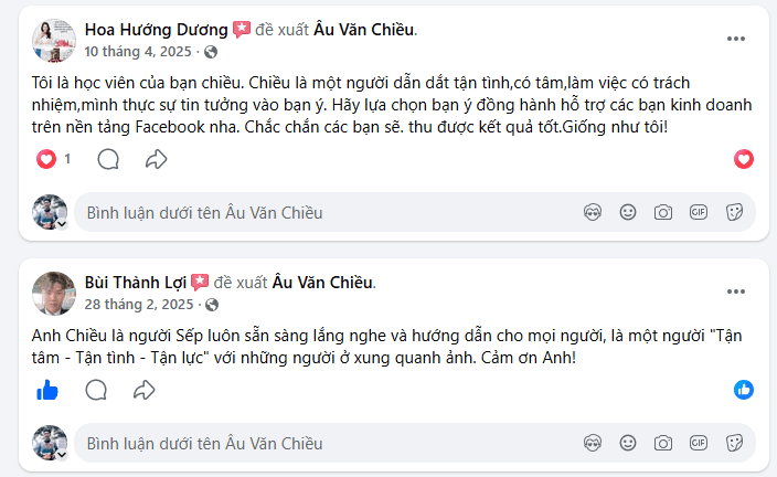 Hoa Hướng Dương: 'Tận tâm, có tâm, làm việc có trách nhiệm — chắc chắn sẽ thu được kết quả tốt.' Bùi Thành Lợi: 'Sếp luôn sẵn sàng lắng nghe, hướng dẫn — Tận tâm · Tận tình · Tận lực.'