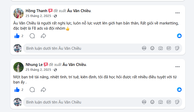 Hồng Thanh: 'Rất giỏi về marketing — đặc biệt là FB Ads và xây đội nhóm 💪' Nhung Le: 'Tài năng, nhiệt tình, trí tuệ, kiên định — học được rất nhiều từ bạn ấy.'
