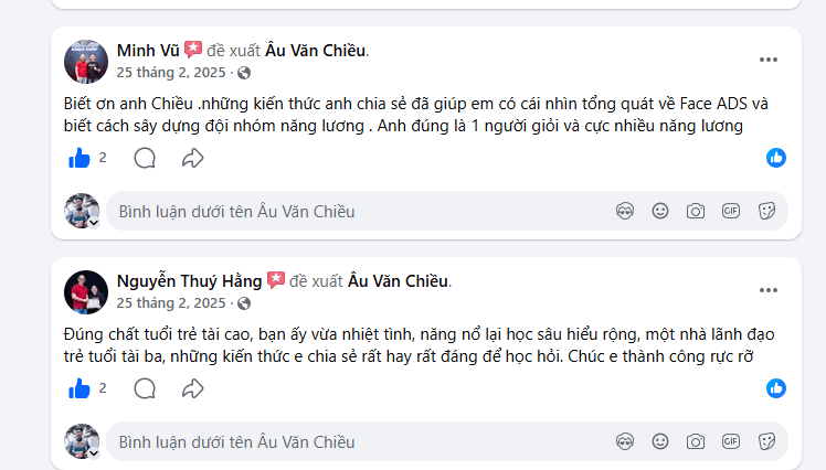 Minh Vũ: 'Kiến thức giúp em hiểu tổng quan Face ADS và cách xây đội nhóm năng lượng.' Nguyễn Thuý Hằng: 'Nhà lãnh đạo trẻ tuổi tài ba — kiến thức rất hay và đáng để học hỏi.'