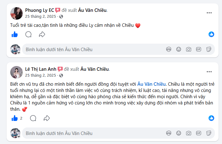 Phuong Ly EC: 'Tuổi trẻ tài cao, tận tình ❤️' Lê Thị Lan Anh: 'Tinh thần trách nhiệm, kỷ luật cao, khiêm hạ — Chiều là nguồn cảm hứng lớn trong việc xây dựng đội nhóm và phát triển bản thân.'