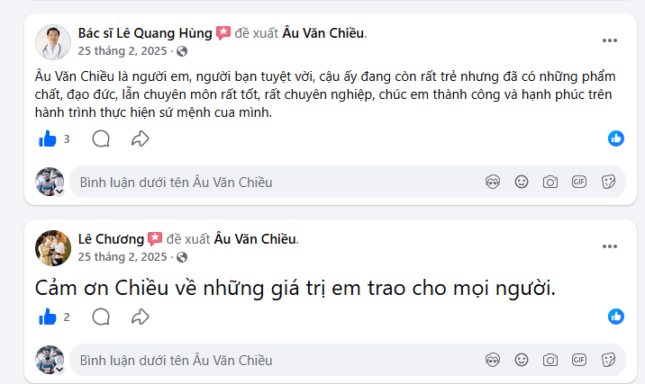 Bác sĩ Lê Quang Hùng: 'Đạo đức, chuyên môn tốt, rất chuyên nghiệp — chúc em thành công trên hành trình thực hiện sứ mệnh.' Lê Chương: 'Cảm ơn Chiều về những giá trị em trao cho mọi người.'