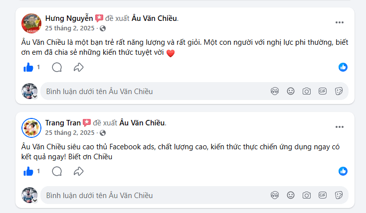 Hưng Nguyễn: 'Bạn trẻ rất năng lượng, nghi lực phi thường — cảm ơn đã chia sẻ những kiến thức tuyệt vời ❤️' Trang Tran: 'Siêu cao thủ Facebook Ads — kiến thức thực chiến ứng dụng ngay có kết quả ngay!'