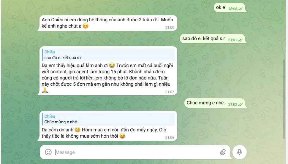 Agent làm trong 15 phút. 5 đơn tuần này — gần như không phải làm gì.