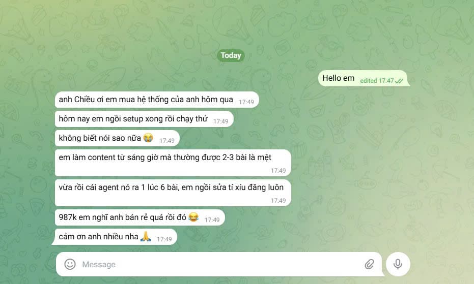 Mua hôm qua, chạy thử ngay. Agent ra 1 lúc 6 bài content. '987k anh bán rẻ quá rồi đó 😂'
