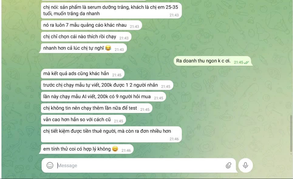 Cùng 200K ngân sách: mẫu tự viết → 1–2 người nhắn. Mẫu AI viết → 9 người hỏi mua. Tiết kiệm tiền thuê copywriter mà kết quả cao hơn hẳn — chạy lần 2 vẫn vậy