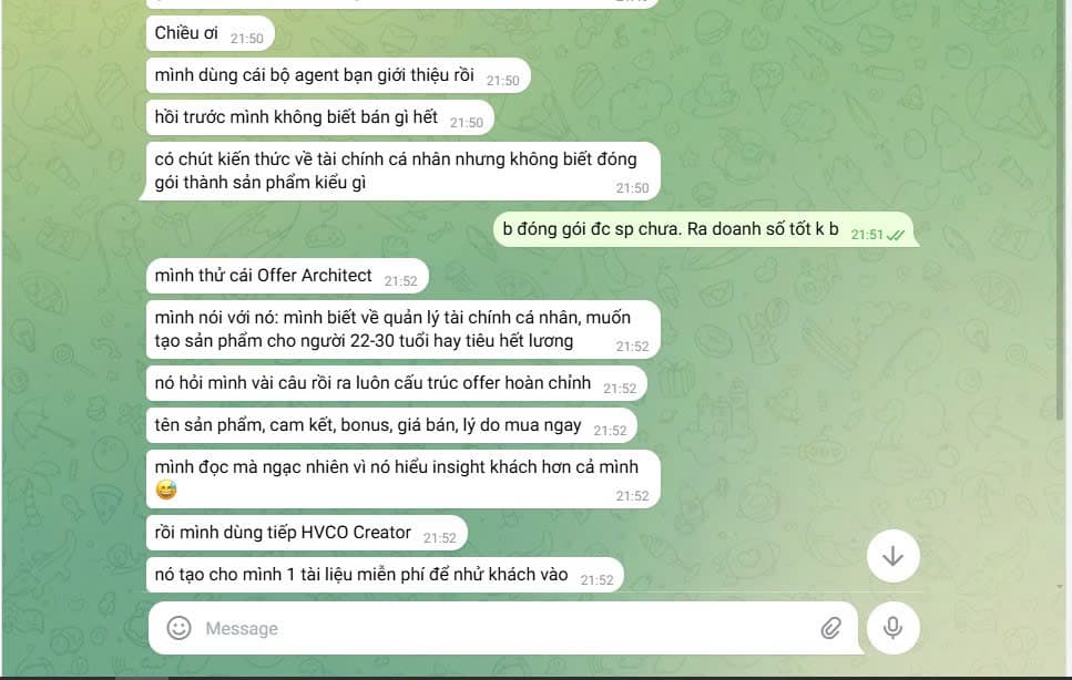 Không biết bán gì: dùng Offer Architect nói lĩnh vực + đối tượng → ra ngay cấu trúc offer hoàn chỉnh (tên SP, cam kết, bonus, giá, lý do mua ngay). Tiếp HVCO Creator → có luôn lead magnet nhử khách