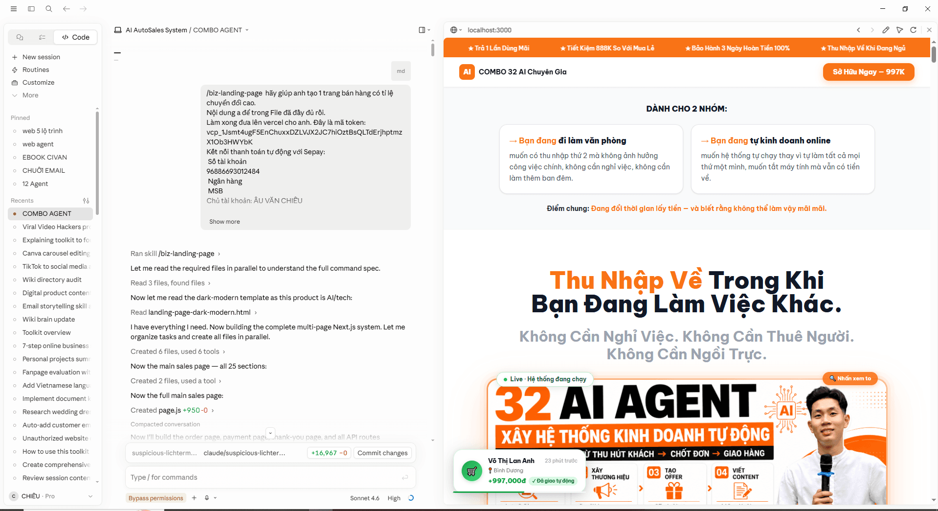Giao diện thực tế — gõ /sales-page, nhận ngay sales page hoàn chỉnh dài 1 trang. Không phải văn mẫu chung chung — ra lệnh, nhận kết quả.